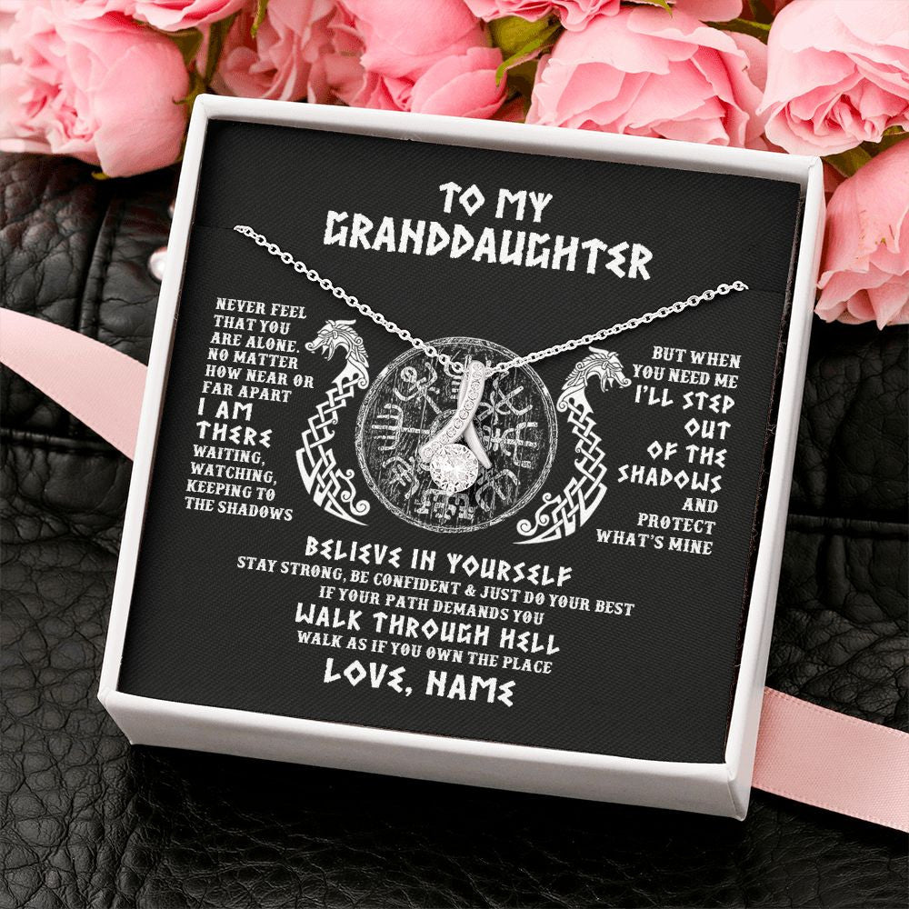 Personalized To My Granddaughter Necklace Viking Never Feel You Are Alone Odin Scandinavian Norse Runes Birthday Christmas Customized Gift Box Message Card