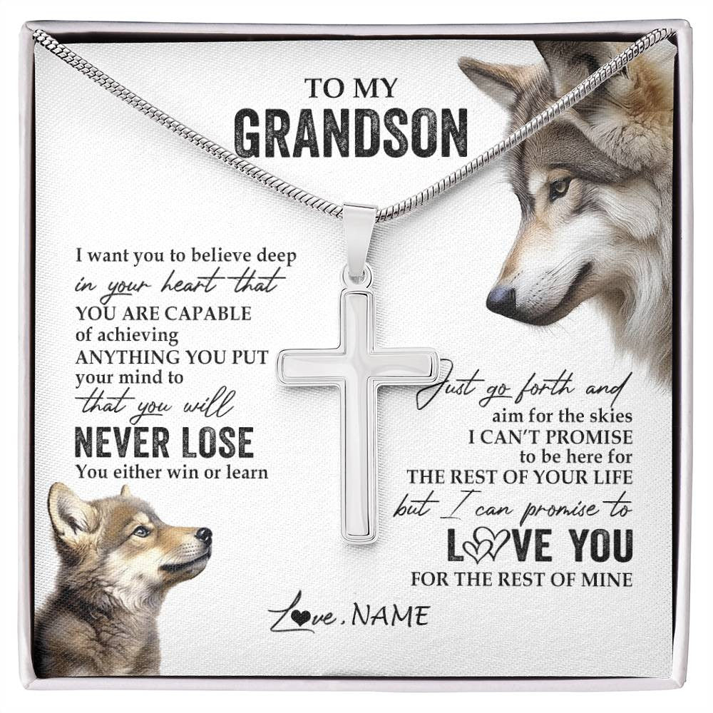 Personalized To My Grandson Necklace From Grandma Papa You Will Never Lose Wolf Grandson Birthday Graduation Christmas Customized Gift Box Message Card
