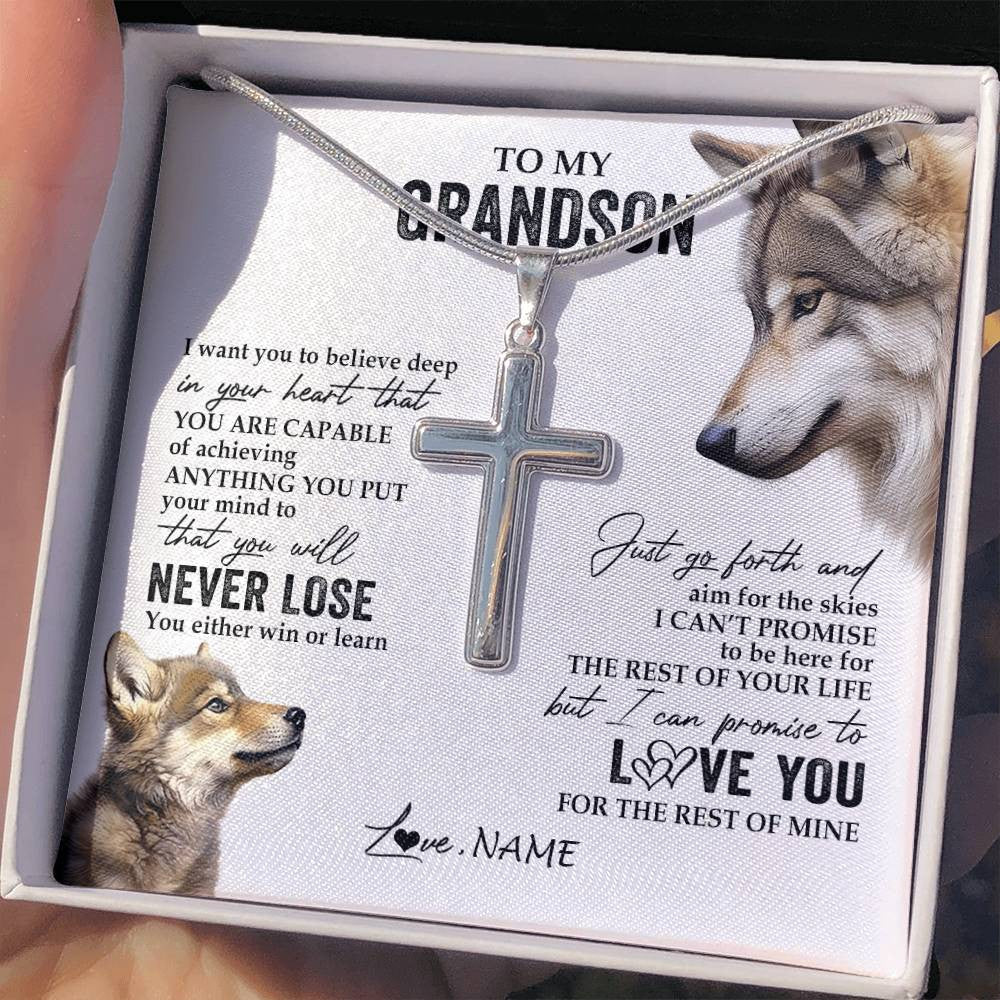 Personalized To My Grandson Necklace From Grandma Papa You Will Never Lose Wolf Grandson Birthday Graduation Christmas Customized Gift Box Message Card