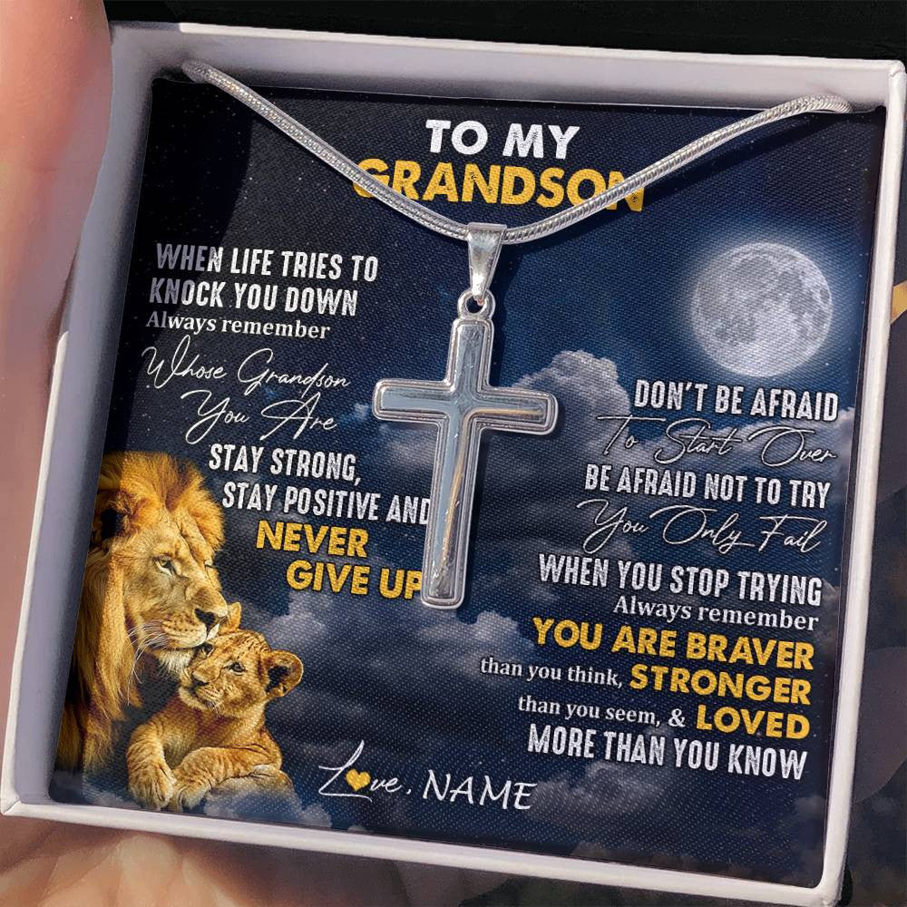 Personalized To My Grandson Necklace From Grandpa Papa Lion Never Give Up Grandson Birthday Christmas Jewelry Customized Gift Box Message Card